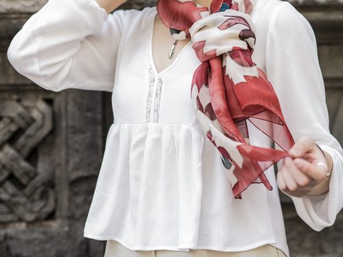 Silk Scarf Pomegranate & Carpet ornament, Red Hand Painted Scarf