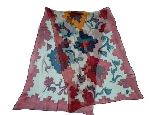 Silk Scarf Pomegranate & Carpet ornament, Red Hand Painted Scarf