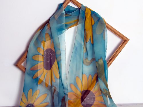 Silk Scarf Sunflowers, Blue Hand Painted Scarf