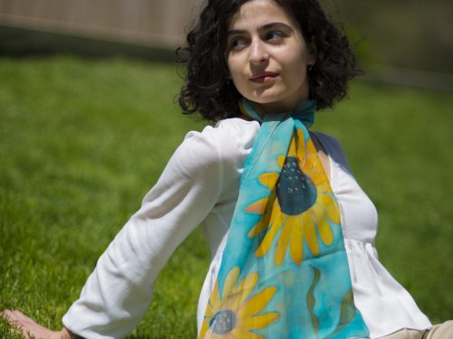 Silk Scarf Sunflowers, Blue Hand Painted Scarf