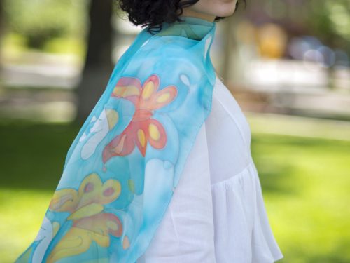 Silk Scarf Daisies and Butterflies, Hand Painted Summer Flowers Blue Scarf