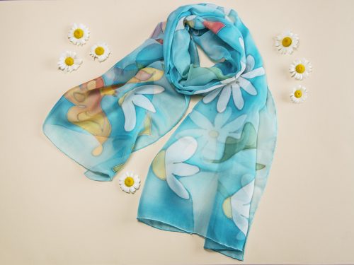 Silk Scarf Daisies and Butterflies, Hand Painted Summer Flowers Blue Scarf
