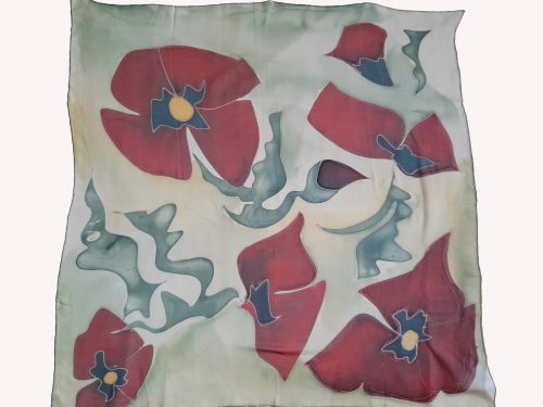 Silk Scarf Red Poppies, Hand Painted Scarf, Square abstract scarf