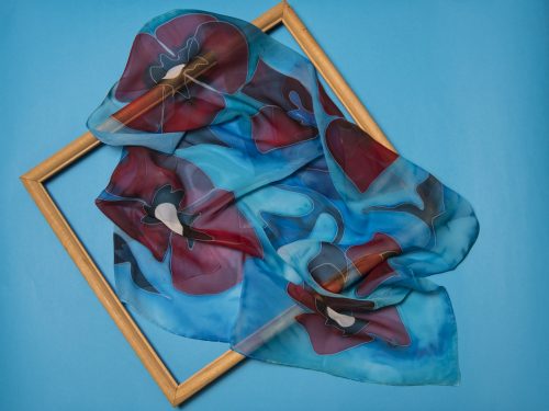 Red Poppies Silk Scarf in Blue, Hand Painted Square abstract scarf