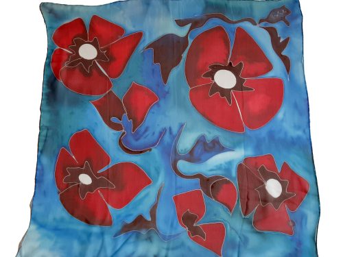 Red Poppies Silk Scarf in Blue, Hand Painted Square abstract scarf