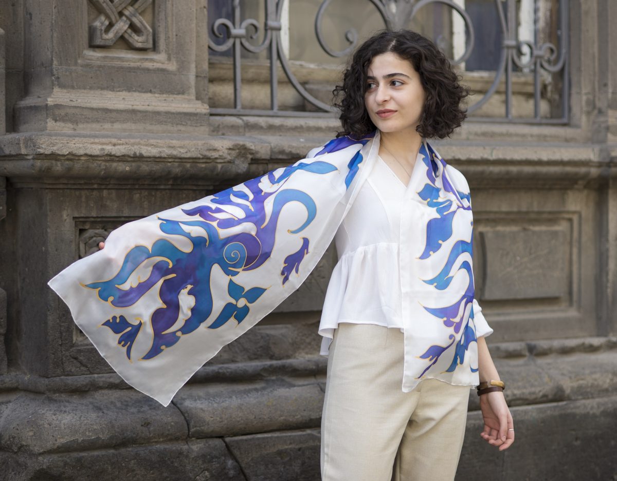 Silk Scarf Blue Birds, Hand painted Long abstract scarf