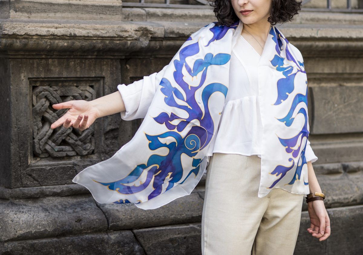 Silk Scarf Blue Birds, Hand painted Long abstract scarf