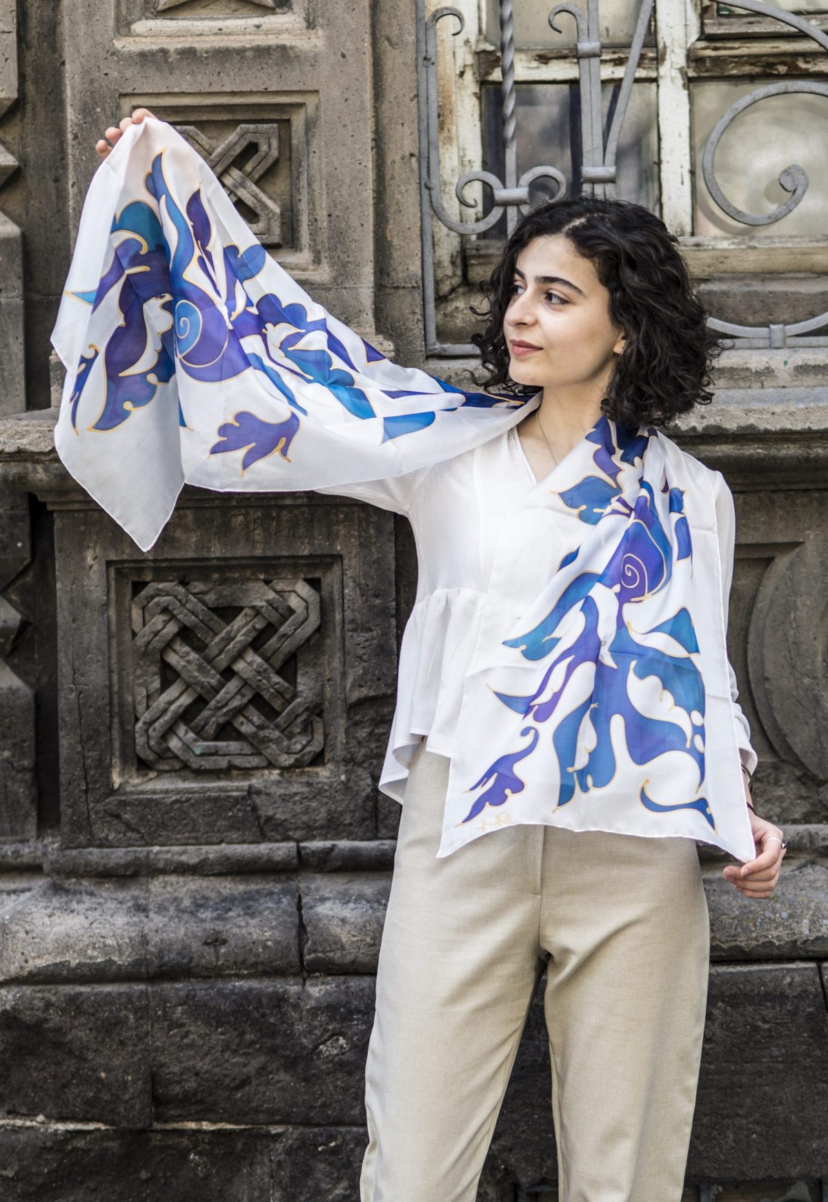 Silk Scarf Blue Birds, Hand painted Long abstract scarf
