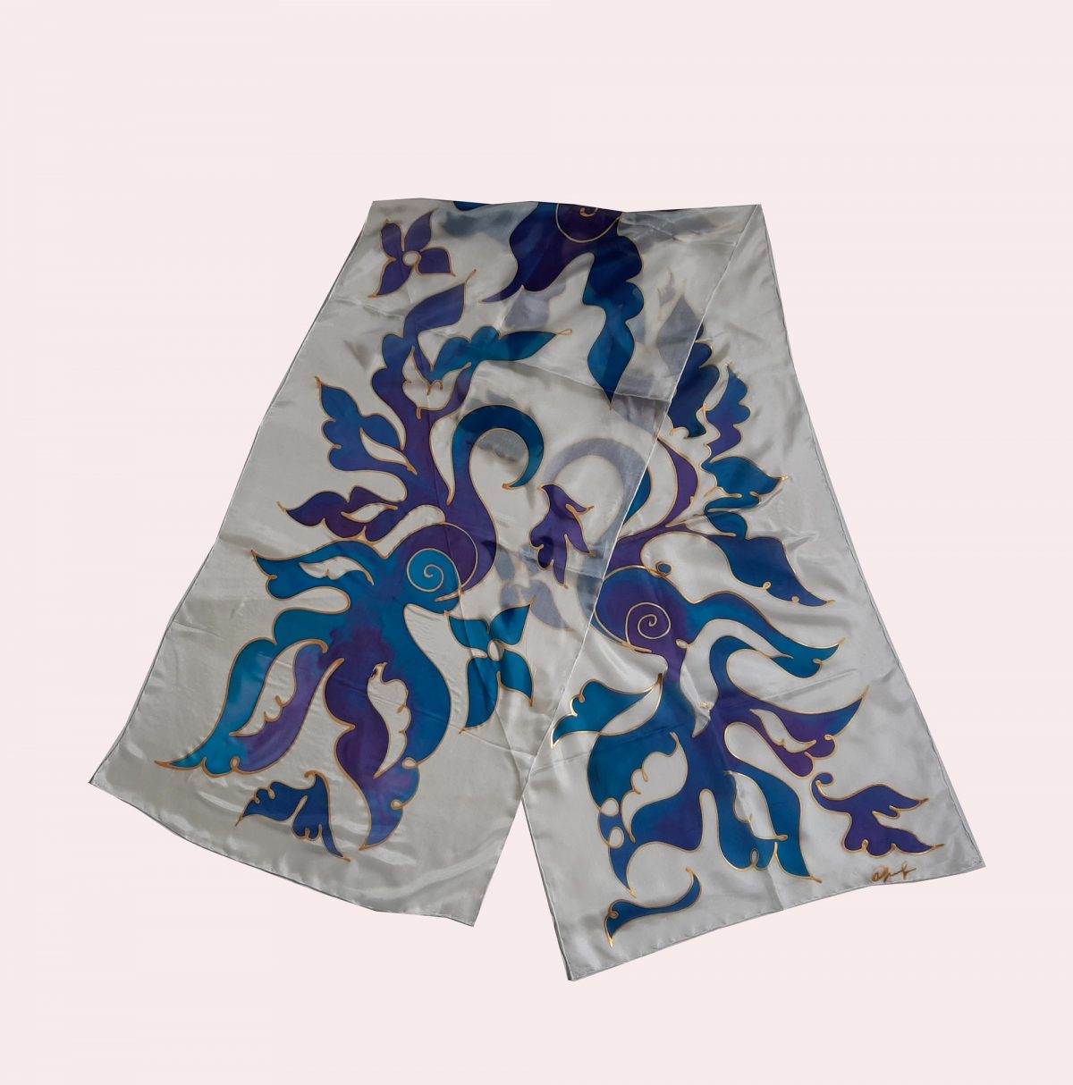 Silk Scarf Blue Birds, Hand painted Long abstract scarf