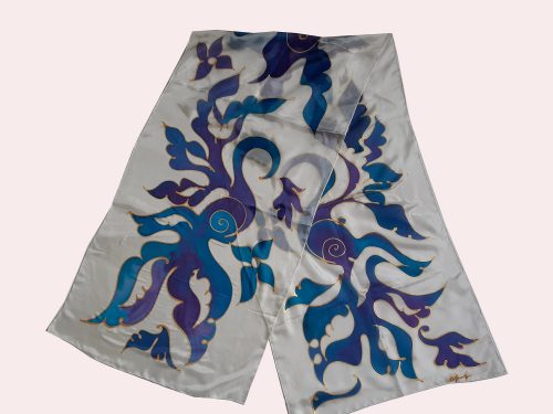 Silk Scarf Blue Birds, Hand painted Long abstract scarf