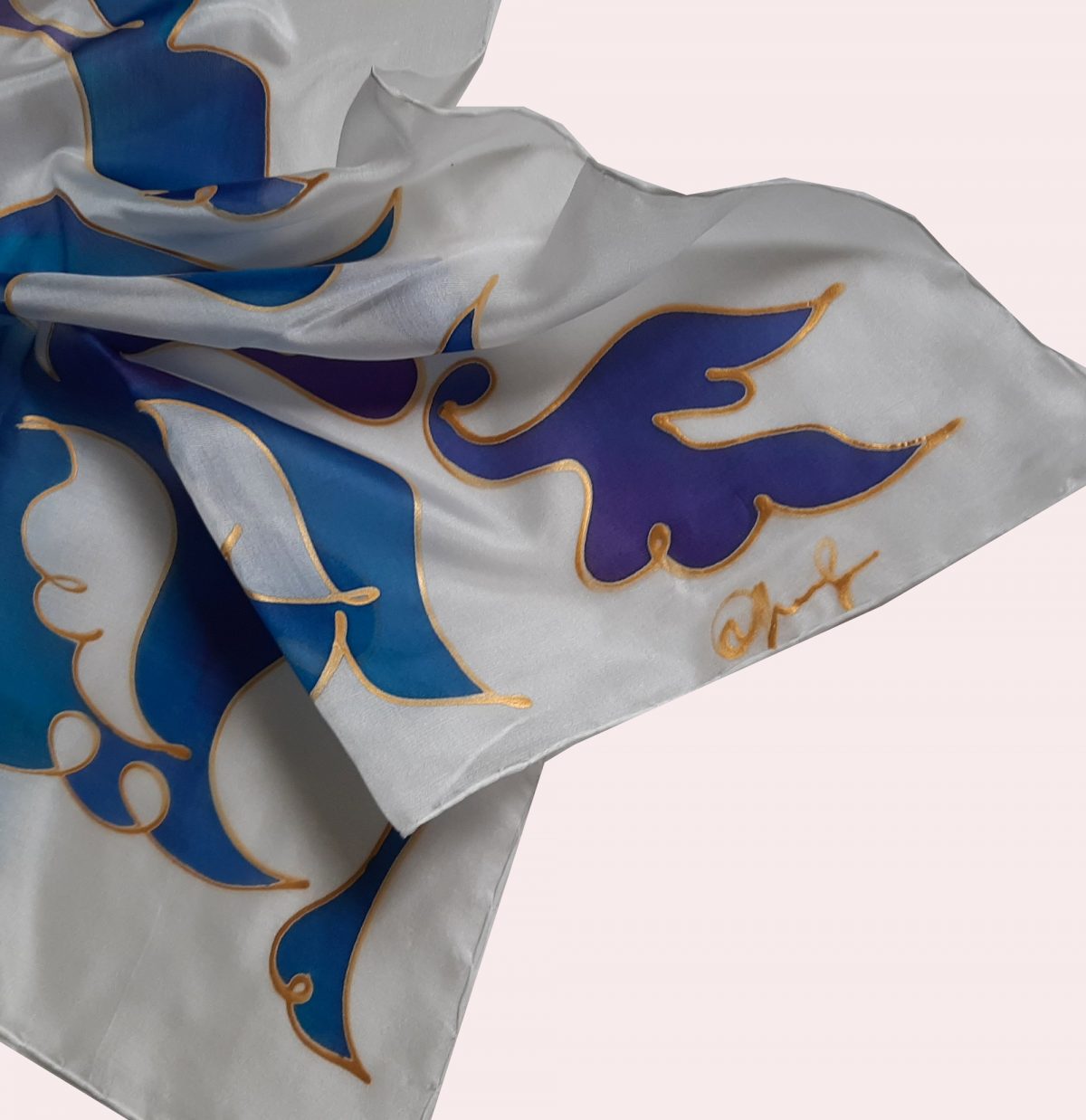 Silk Scarf Blue Birds, Hand painted Long abstract scarf