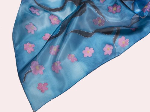 Silk Scarf Sakura in Blue, Hand Painted Scarf, Long elegant scarf, Gift For Her, Fashion Scarf
