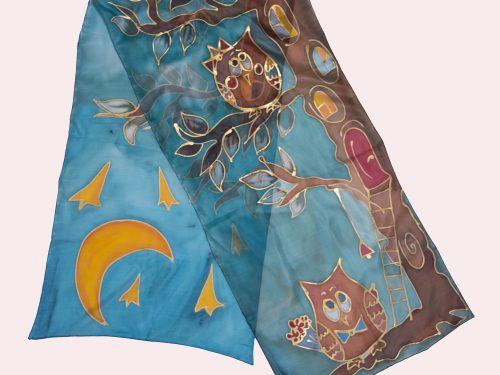 Owls Silk Scarf, Hand Painted Scarf, Owl Infinity Scarf