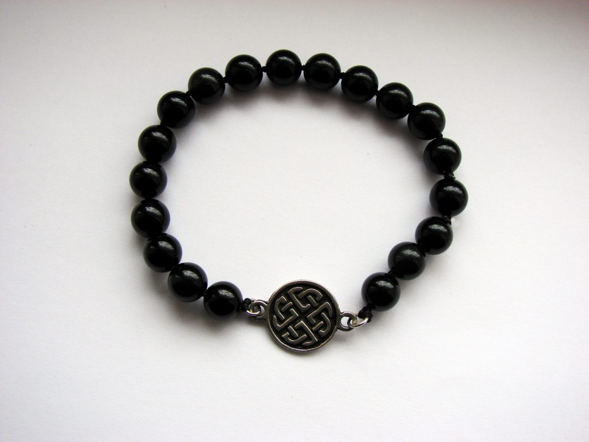 Beaded Bracelet Black Onyx Stone and Celtic Shield Knot Charm Sterling Silver 925