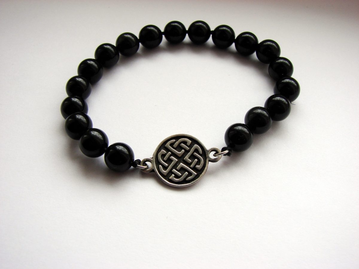 Beaded Bracelet Black Onyx Stone and Celtic Shield Knot Charm Sterling Silver 925
