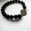 Beaded Bracelet Black Onyx Stone and Celtic Shield Knot Charm Sterling Silver 925