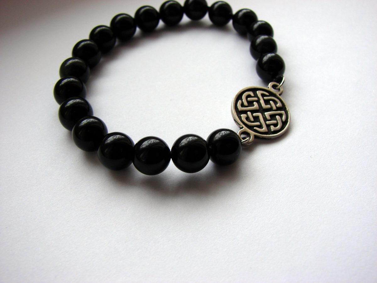 Beaded Bracelet Black Onyx Stone and Celtic Shield Knot Charm Sterling Silver 925