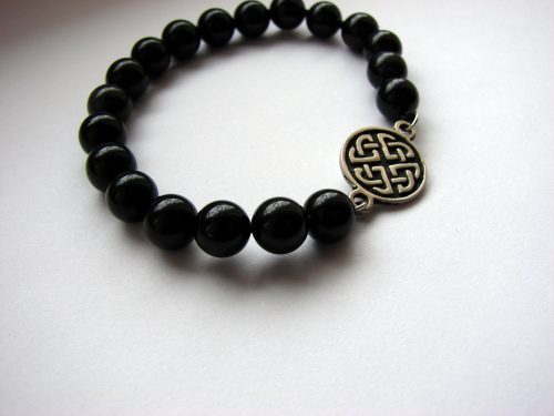 Beaded Bracelet Black Onyx Stone and Celtic Shield Knot Charm Sterling Silver 925