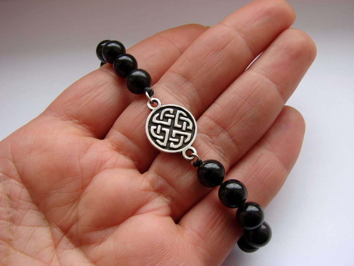 Beaded Bracelet Black Onyx Stone and Celtic Shield Knot Charm Sterling Silver 925