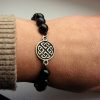 Beaded Bracelet Black Onyx Stone and Celtic Shield Knot Charm Sterling Silver 925
