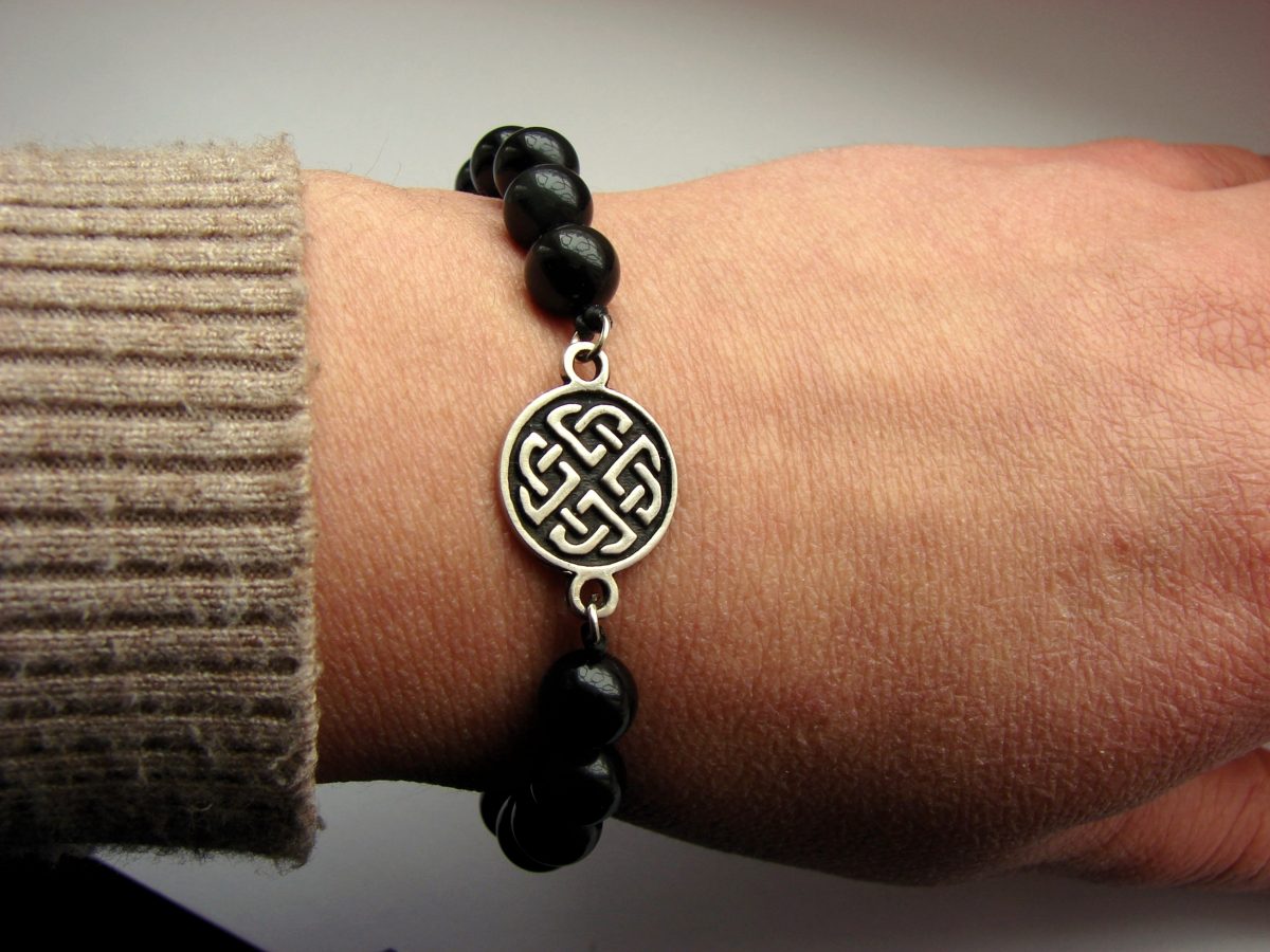 Beaded Bracelet Black Onyx Stone and Celtic Shield Knot Charm Sterling Silver 925