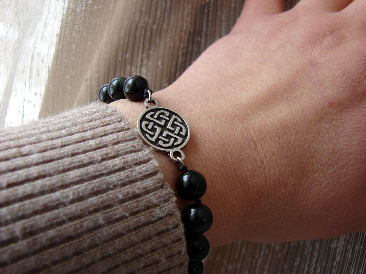 Beaded Bracelet Black Onyx Stone and Celtic Shield Knot Charm Sterling Silver 925