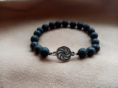 Beaded Bracelet Black Lava Stone and Wheel of Eternity Charm Sterling Silver 925