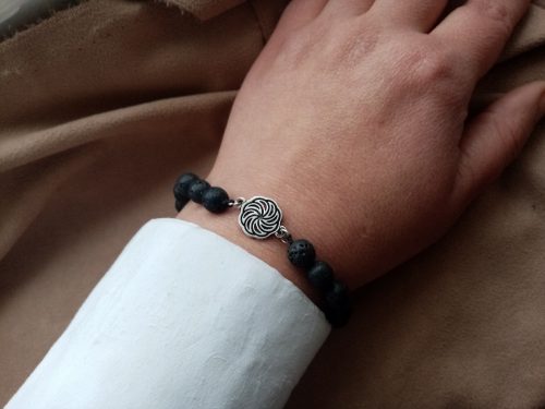 Beaded Bracelet Black Lava Stone and Wheel of Eternity Charm Sterling Silver 925