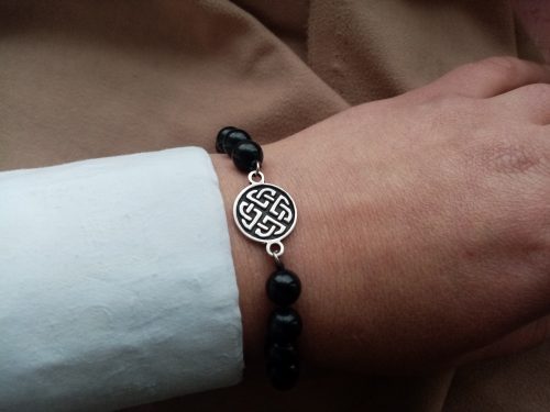 Beaded Bracelet Black Onyx Stone and Celtic Shield Knot Charm Sterling Silver 925