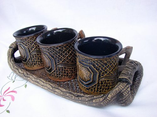 Ceramic Mugs Set with Serving Tray, Coffee Mugs