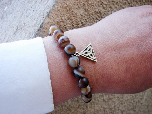 Matte Stripe Agate Bracelet with Charm Celtic Knot Sterling Silver 925