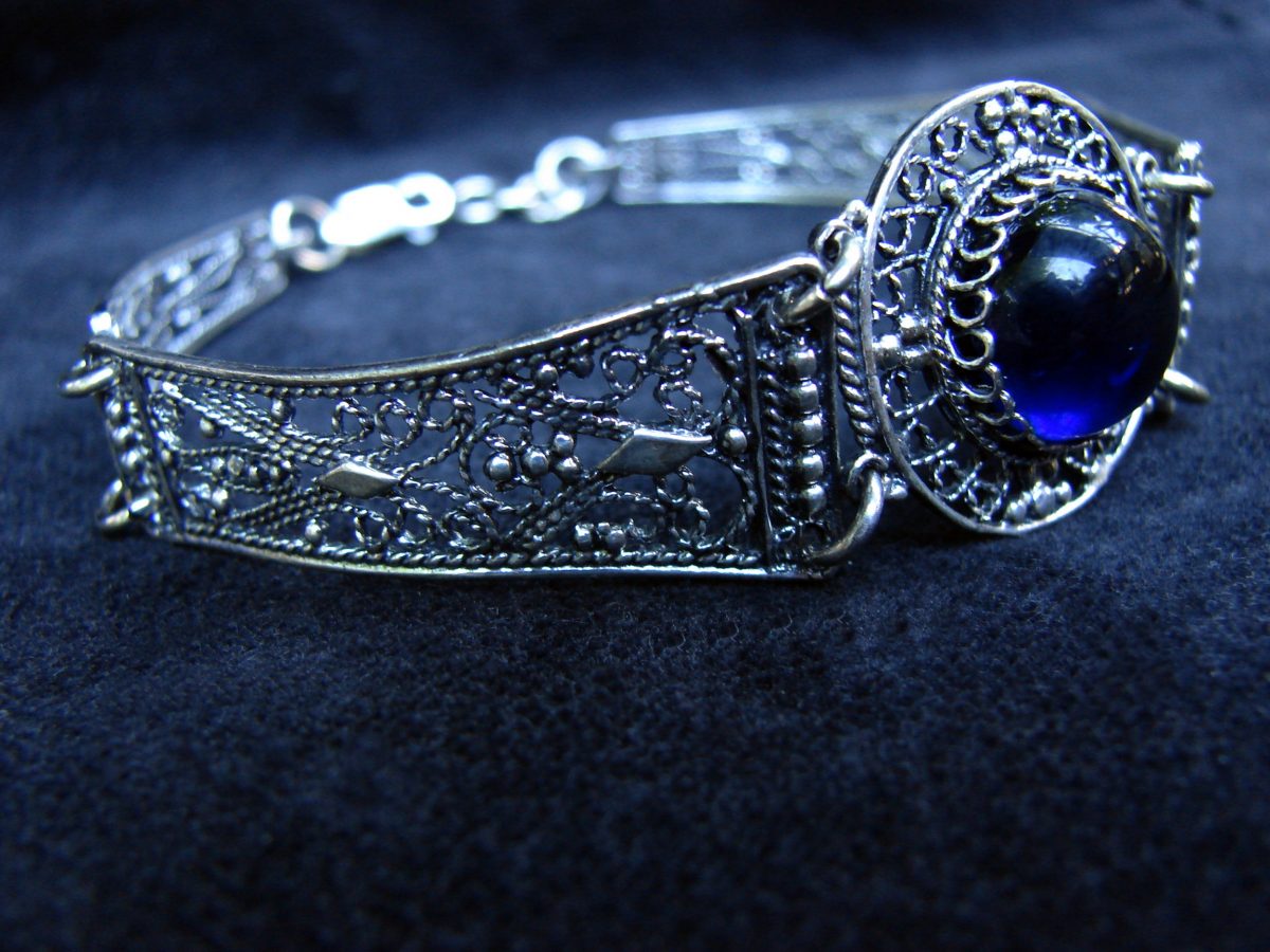 Wide Silver Onyx Bracelet, Ethnic Style