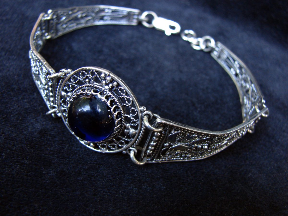 Wide Silver Onyx Bracelet, Ethnic Style