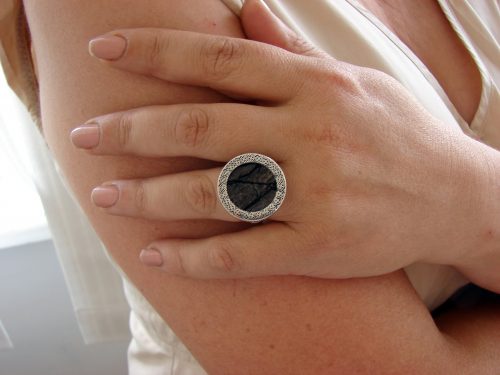 Round Black Obsidian Ring, Sterling Silver 925, Natural Raw Obsidian Stone