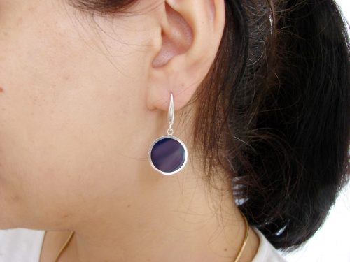 Round Earrings Blue Enamel, Minimalist Earring, Sterling Silver 925, Gift for Her, Dangle Earring, Armenian Handmade Jewelry