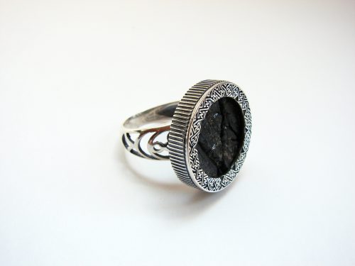 Round Black Obsidian Ring, Sterling Silver 925, Natural Raw Obsidian Stone
