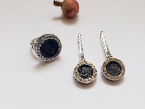 Black Obsidian Jewelry Set, Sterling Silver 925 Earrings and Ring