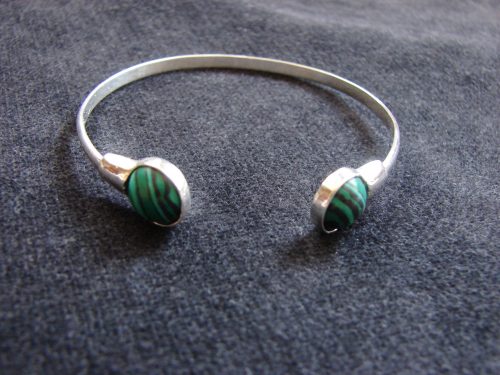 Malachite Bangle Cuff Bracelet, Sterling Silver 925