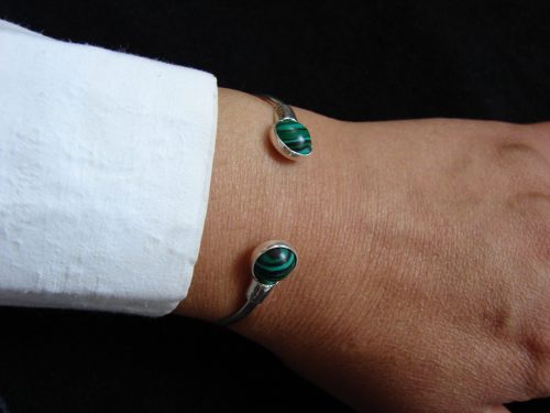 Malachite Bangle Cuff Bracelet, Sterling Silver 925