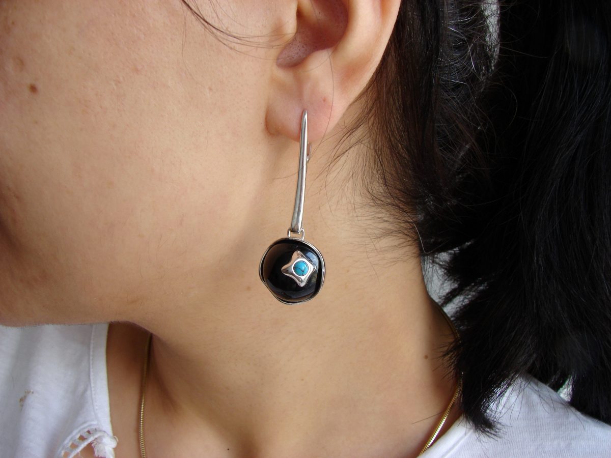 Earrings Black Onyx and Turquoise, Sterling Silver 925