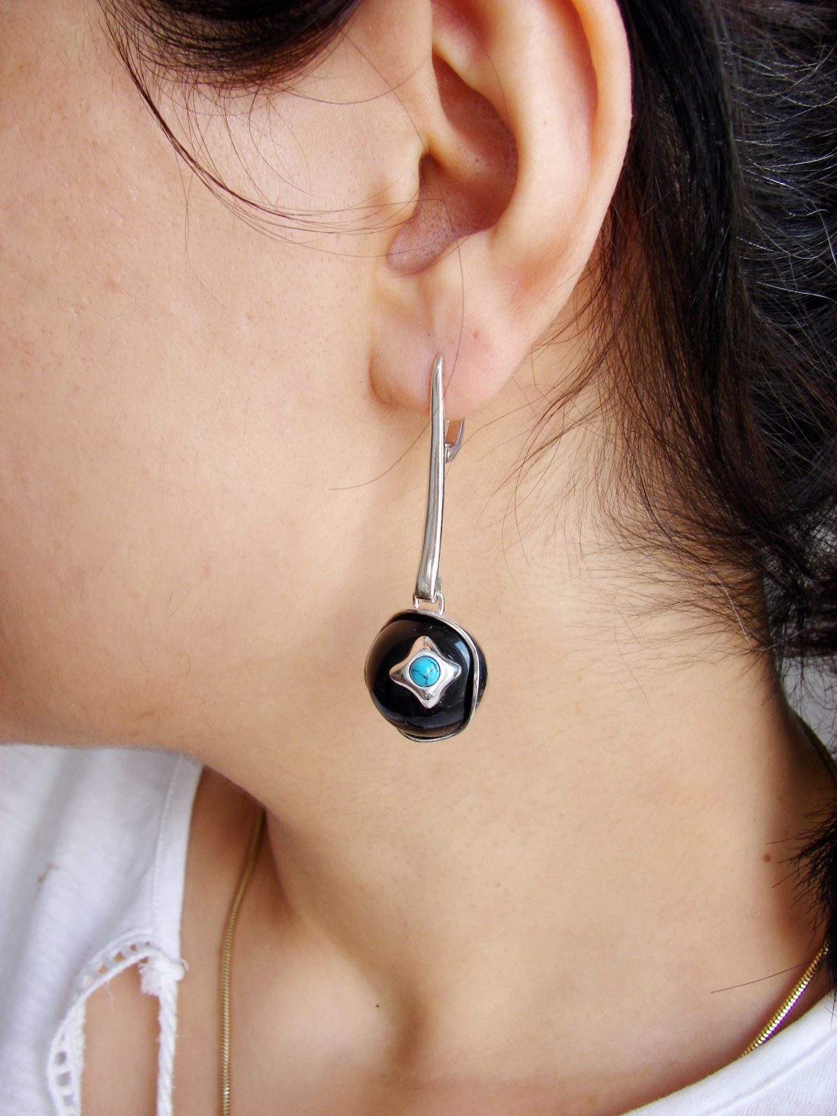 Earrings Black Onyx and Turquoise, Sterling Silver 925