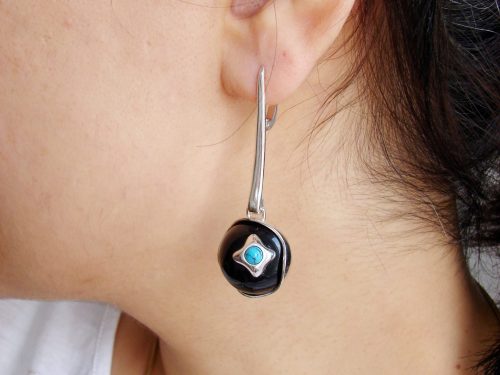 Earrings Black Onyx and Turquoise, Sterling Silver 925