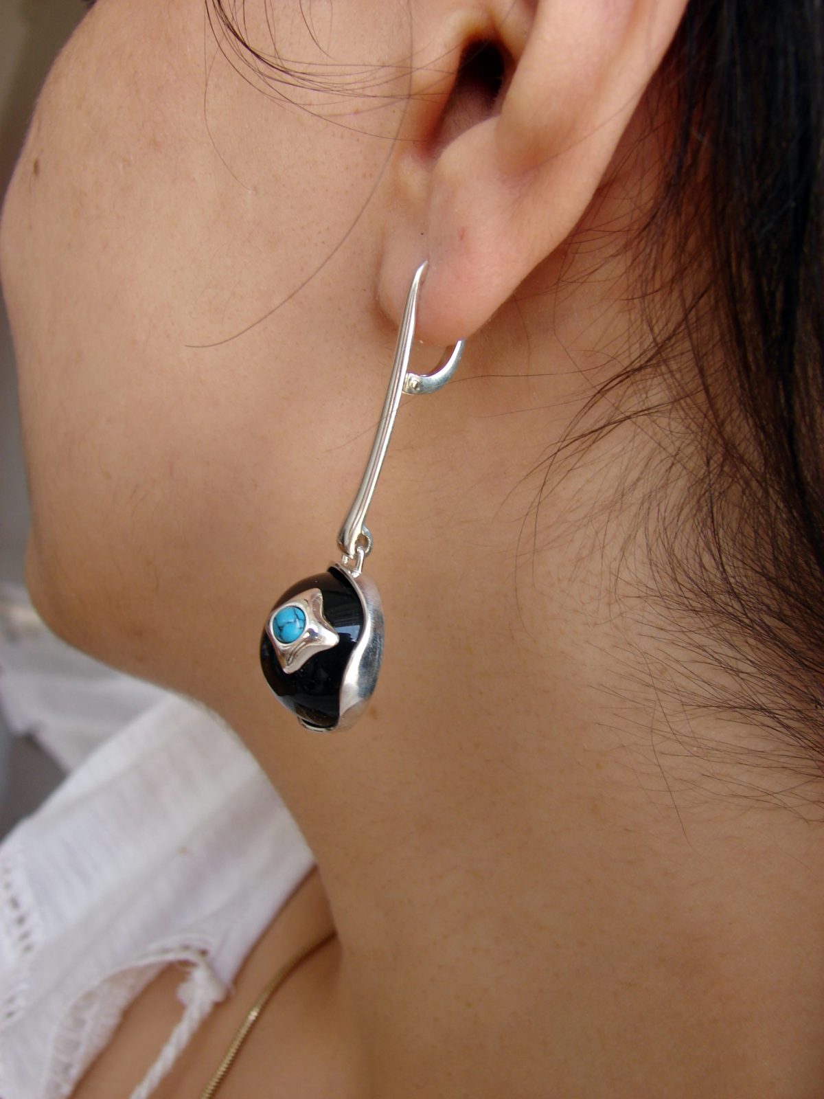 Earrings Black Onyx and Turquoise, Sterling Silver 925