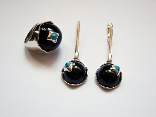 Black Onyx and Turquoise Jewelry Set, Sterling Silver 925