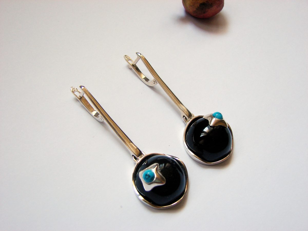 Earrings Black Onyx and Turquoise, Sterling Silver 925