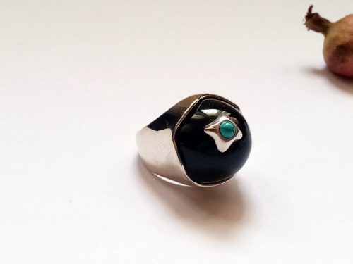 Ring with Black Onyx and Turquoise, Sterling Silver 925