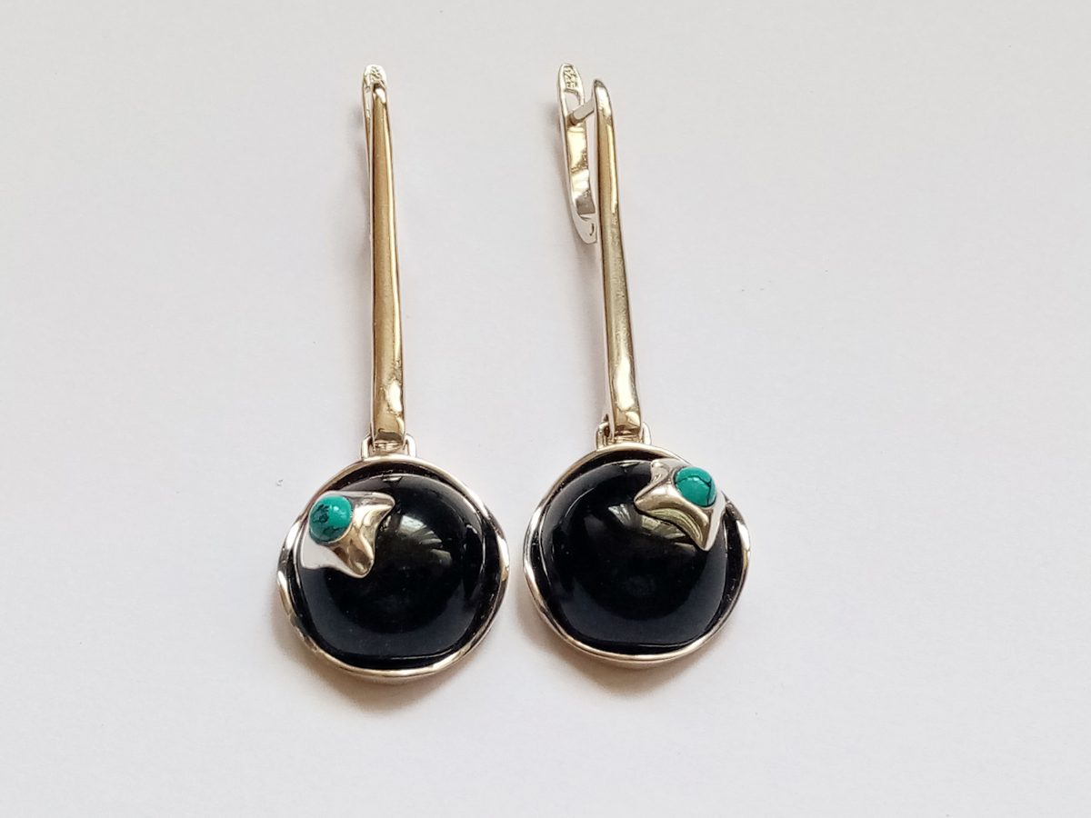 Earrings Black Onyx and Turquoise, Sterling Silver 925