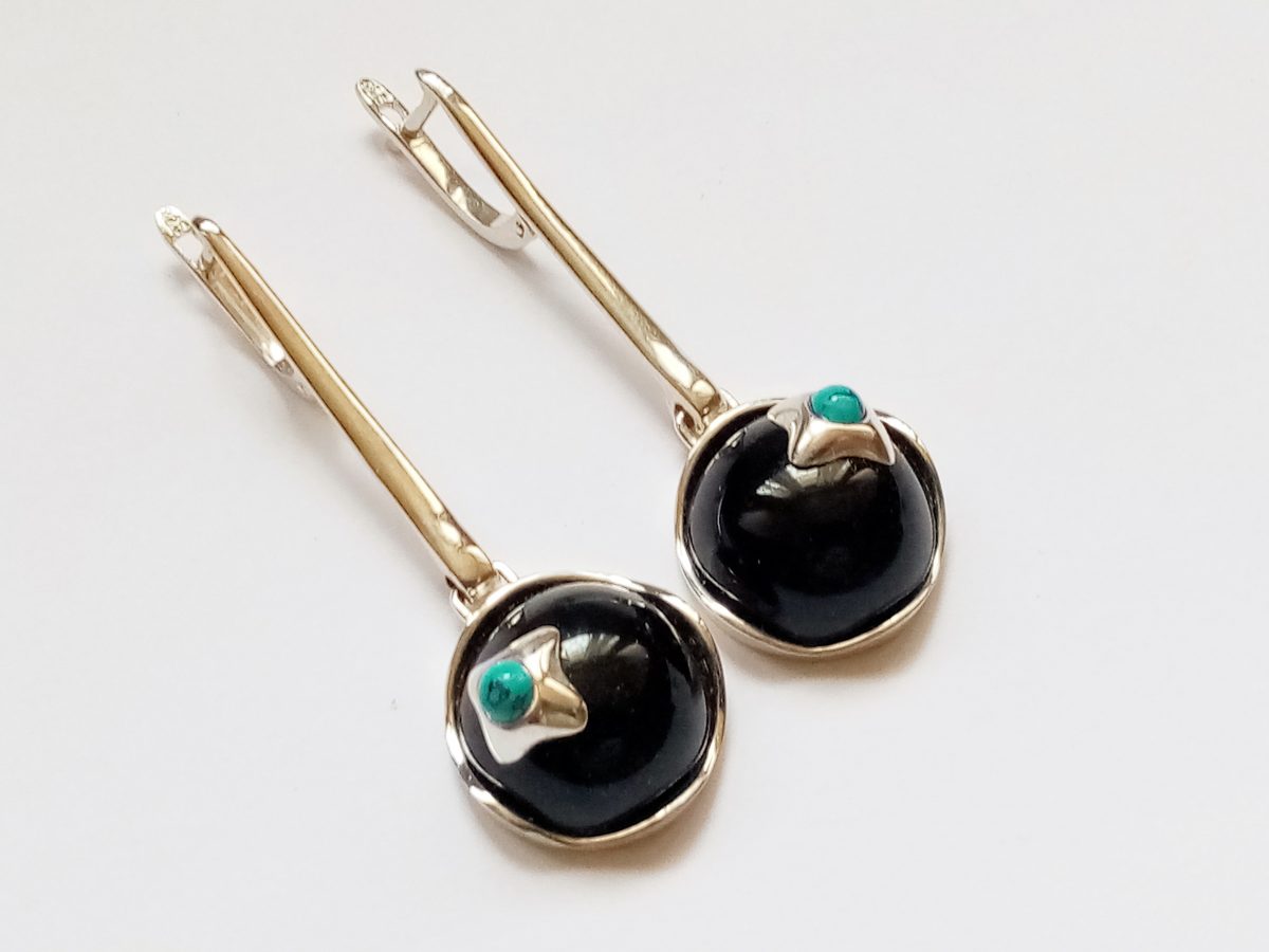 Earrings Black Onyx and Turquoise, Sterling Silver 925