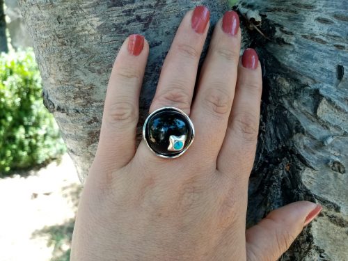 Ring with Black Onyx and Turquoise, Sterling Silver 925