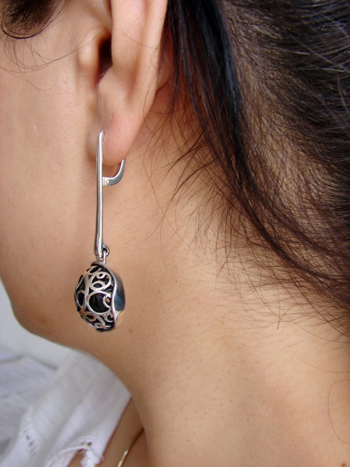 Long Openwork Earrings, Sterling Silver 925, Swirl Circles Design, Gift for Her, Dangle Party Earring